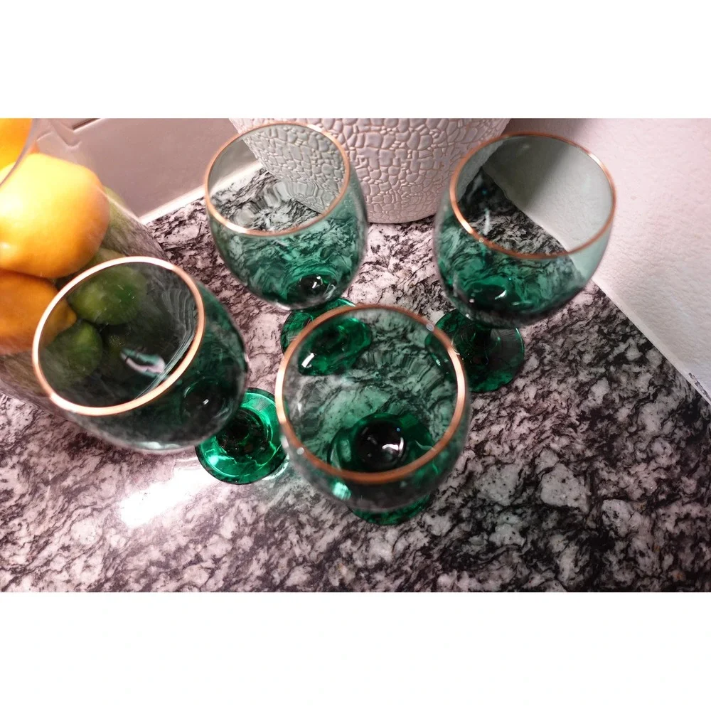 Vintage‎ Emerald Green Wine Glasses Gold Rim Stemmed Goblets Set of 4 Jewel Tone